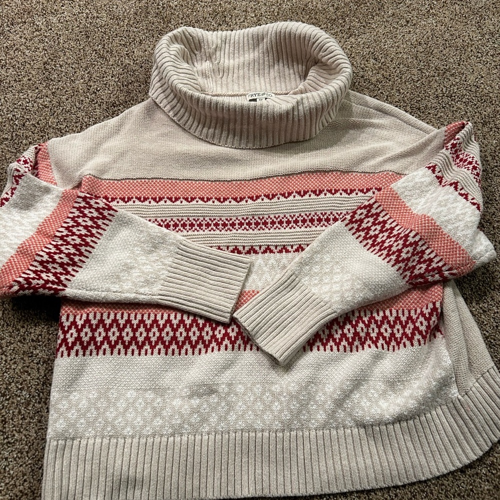 FRYE AND CO. Cream and Red Cowl Turtleneck Sweater